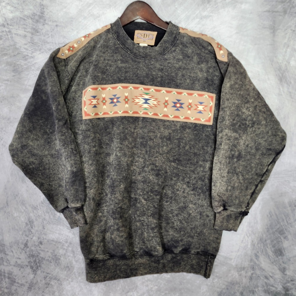 Vintage 90s Southwestern Aztec Suede Acid Wash Sweatshirt Crewneck USA Medium